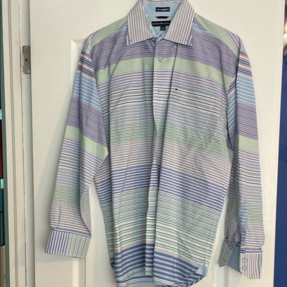 Tommy Hilfiger Men's Blue and Green Striped Dress Shirt